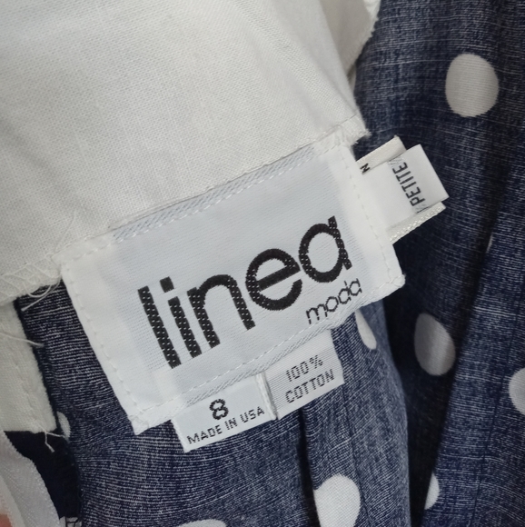 Vintage Mini Dress Cotton Polka Dot Navy Blue White Bow Linea Moda Size 8 - Picture 12 of 16